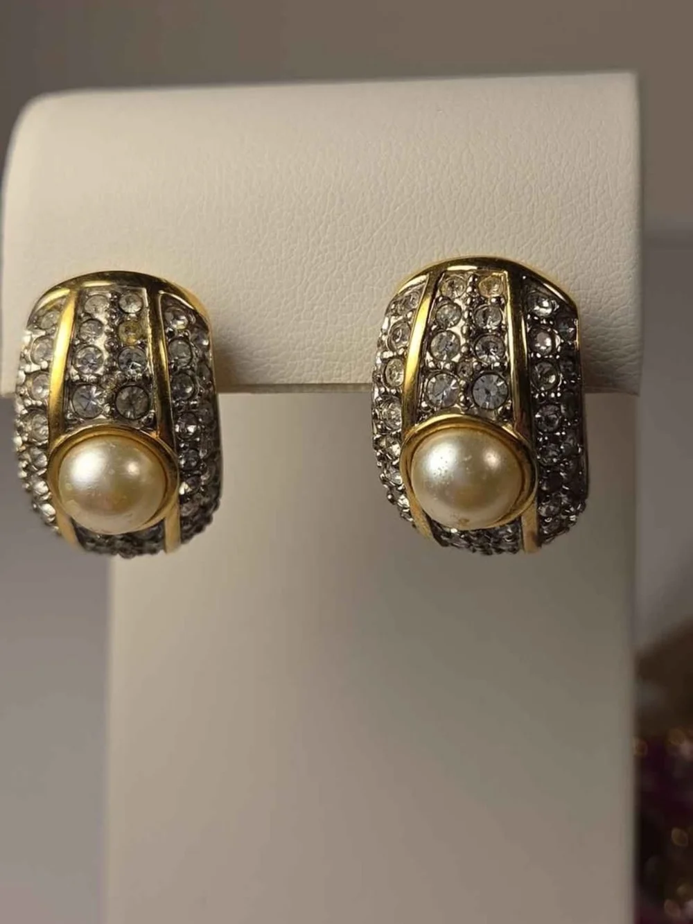 Vintage S.A.L. Swarovski Faux Pearl & Pavé Rhinestone Pierced Post Earrings - Picture 2 of 4